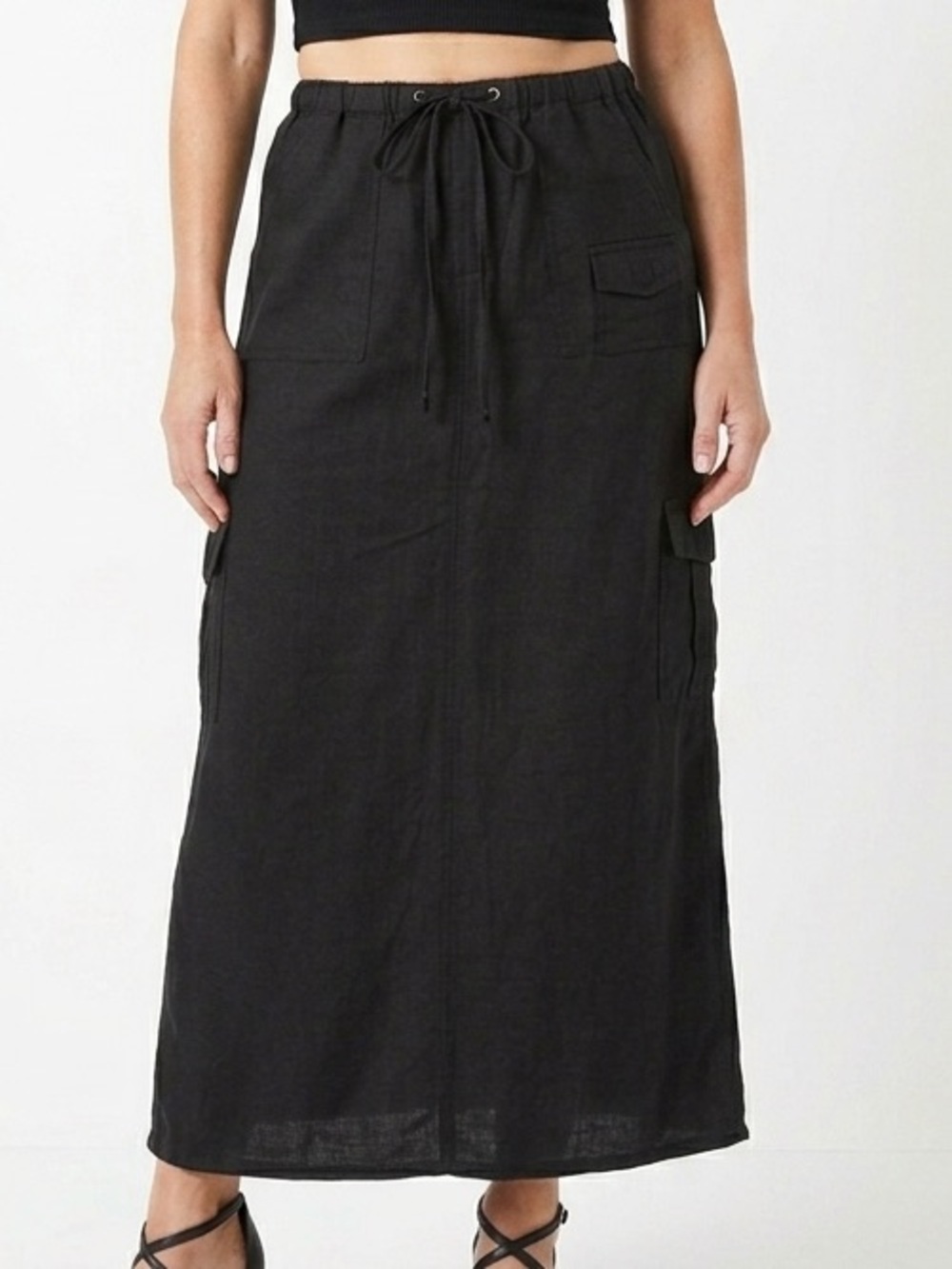 VTG Ambrosia Ramie Blend Black Drawstring Utility Cargo Skirt with Pockets Small
